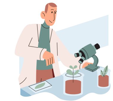 Bilim adamları laboratuvar mikroskobu kullanarak bitki türlerini inceliyor. Çevre koruma üzerine çevre dostu teknoloji araştırması. Ekolojik biyoloji laboratuvarında botanik okuyan ekolojist doğayla ilgileniyor.