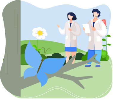 Vahşi ortamda böceklerin gözlemlenmesi. Çevre bilimciler araştırma yapar, doğadaki kelebeklerle ilgilenirler. Araştırmacı bitki örtüsü, hayvan ve çevre araştırması yapıyor. Profesyonel ekolojik aktivist notlar alıyor