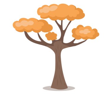 Beyaz arka planda düşen yaprakları olan sonbahar ağacı. Kalın gövdeli ve sarı yapraklı bir bitki. Eylül mevsimi manzarası, karikatür bahçesi doğa turuncu parlak bitki örtüsü, Ekim ayı açık hava yeşilliği