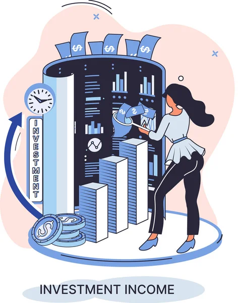 Yatırım, para biriktirme ve büyüyen iş konsepti. Kadın gelir artışının çizelgelerini ve göstergelerini analiz ediyor. Menkul kıymetler ve ticari olmayan diğer yatırımlardan gelen yatırım geliri, temettüler