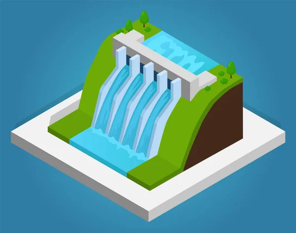 Waterkrachtcentrale Met Hoogspanningsleidingen Schone Energie Elektriciteit Concept Wateromzetting Alternatieve Hydro — Stockvector