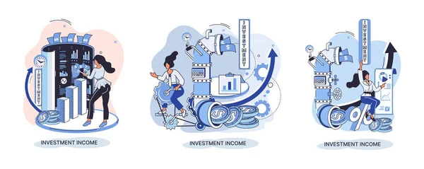 Investimenti Risparmio Denaro Finanza Concetto Crescita Aziendale Metafora Analizza Grafici — Vettoriale Stock