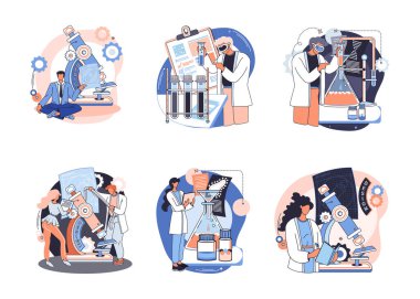 Tıbbi araştırma. Laboratuvar teşhis hizmetleri, tıbbi cihaz tasarım geliştirme sahneleri metaforu. Kimya kliniğindeki bilim adamları, mikrobiyoloji farmasötik araştırmaları. Aşı keşfi