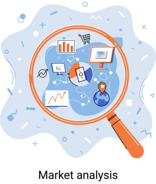 Market statistics data analysis metaphor marketing strategy development. Business research. Identify business needs determine solutions problems solving. View financial data through magnifying glass