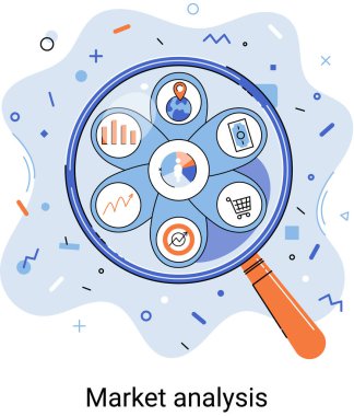Market statistics data analysis metaphor marketing strategy development. Business research. Identify business needs determine solutions problems solving. View financial data through magnifying glass