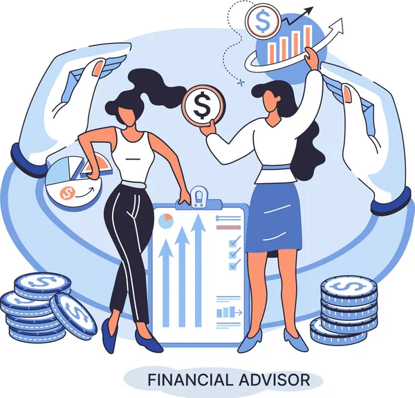 Financial Advisor Giving Advice Investment Money Market Analysis Management Planning — Stockvector
