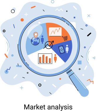 Market statistics data analysis metaphor marketing strategy development. Business research. Identify business needs determine solutions problems solving. View financial data through magnifying glass