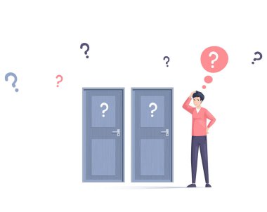 Decision making. Man doubts his choice which door to enter. Choose options person concept. Career, life and question decisions process visualization. Different professional direction confusion