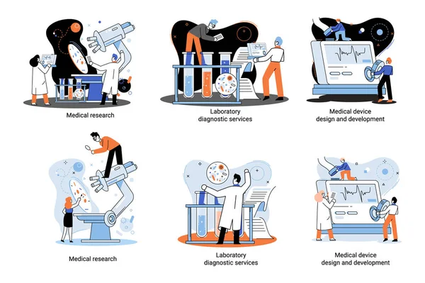医学研究 实验室诊断服务 医疗器械设计开发场景隐喻 在血站实验室的科学家 微生物学药物研究 疫苗发现 — 图库矢量图片