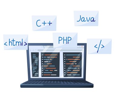 Programmer engineering and coding. Programmers working on web development on computers. Concept of script coding and programming in php, javascript, html other languages. Software developers
