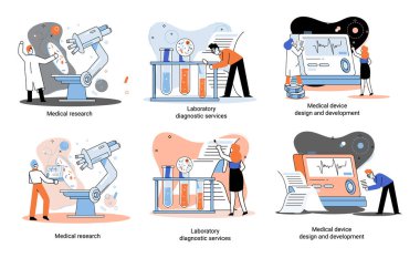 Tıbbi araştırma. Laboratuvar teşhis hizmetleri, tıbbi cihaz tasarım geliştirme sahneleri metaforu. Kimya kliniğindeki bilim adamları, mikrobiyoloji farmasötik araştırmaları. Aşı keşfi