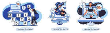 Meditasyon çevrimiçi metafor. Laptop dersleri, yoga çalışmaları, zihinsel egzersizler. Canlı yayın, internet eğitimi. Sağlık uygulaması barış zihniyetini geri getirir. Sağlıklı yaşam tarzı, temiz beyin ve yönetim
