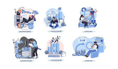 Capital gain, portfolio income, investment income. Investments and bonds, cash flow money slot, mutual fund, finance abstract metaphor. Money investing financiers analyzing stock market profit dollars