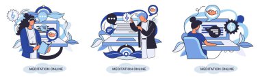 Meditasyon çevrimiçi metafor. Laptop dersleri, yoga çalışmaları, zihinsel egzersizler. Canlı yayın, internet eğitimi. Sağlık uygulaması barış zihniyetini geri getirir. Sağlıklı yaşam tarzı, temiz beyin ve yönetim