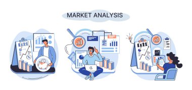 Market analysis metaphor marketing strategy development. Business research. Identify business determine solutions business problems solving. Marketer analyzes sales plan, doing an advertising campaign