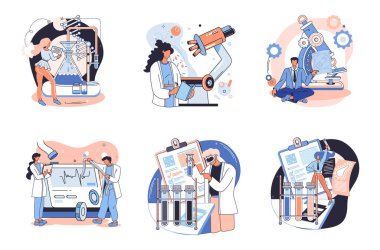 Tıbbi araştırma. Laboratuvar teşhis hizmetleri, tıbbi cihaz tasarım geliştirme sahneleri metaforu. Kimya kliniğindeki bilim adamları, mikrobiyoloji farmasötik araştırmaları. Aşı keşfi