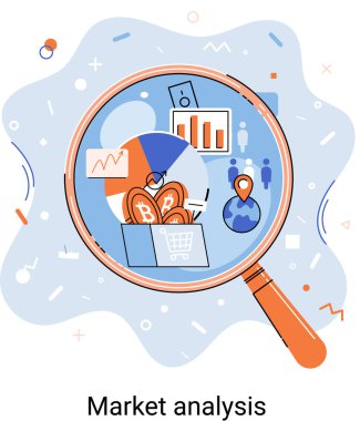 Market statistics data analysis metaphor marketing strategy development. Business research. Identify business needs determine solutions problems solving. View financial data through magnifying glass
