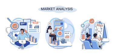 Market analysis metaphor marketing strategy development. Business research. Identify business determine solutions business problems solving. Marketer analyzes sales plan, doing an advertising campaign
