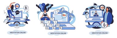 Meditation online. Classes laptop, practicing yoga, mental exercises metaphor. Live stream, internet education. Wellness practice restore peace of mind. Healthy lifestyle, clearing brain and managing