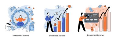 Yatırım, para biriktirme ve büyüme konsepti metaforu. Haritaları ve gelir artışının göstergelerini analiz eder. Menkul kıymetler ve ticari olmayan diğer yatırımlardan elde edilen yatırım gelirleri