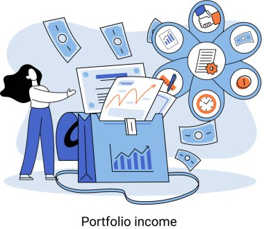 Yatırım portföyü gelir doları para birimi, alım-satım ticareti, piyasa değeri metaforu, iş adamı yatırımcısı veya madeni paralarla ticaret bakiyesi portföyü. Finansörler borsa kârını analiz ediyorlar