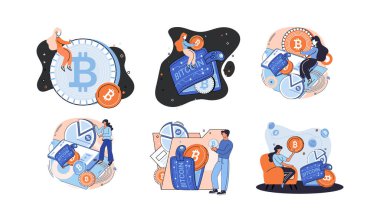 Kripto para birimi bitcoin madencilik metaforu Blockchain takas platformu. Siber bankacılık prosedürleri, bitcoin ticareti, cüzdan. Nakit işlemleri. Dijital para birimi, kripto para birimi pazarı, gizli madencilik