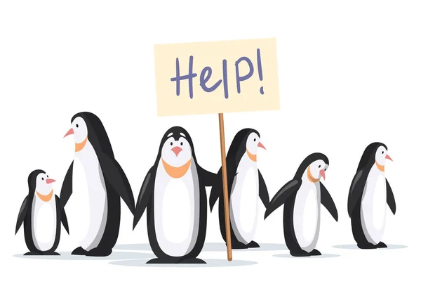 一群企鹅需要帮助 站在标牌上呼吁救援动物白色背景 由于栖息地冰川融化 情绪低落的海鸟处于危险之中 野生动物的灭绝 — 图库矢量图片