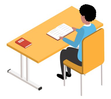 Kütüphanede kitap okuyan öğrenci erkek karakter masada oturuyor, kitapçı vektör düz tasarım. Gyu eğitim alıyor, edebiyat okuyor, defter dersi alıyor, üniversitede ödev yapıyor.