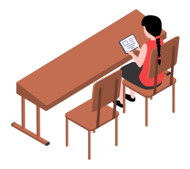 Kütüphanede kitap okuyan, masada oturan, kitapçıda ya da sınıfta oturan öğrenci kadın karakter. Kız eğitim alıyor, edebiyat okuyor, defter dersi alıyor, üniversitede ödev yapıyor.