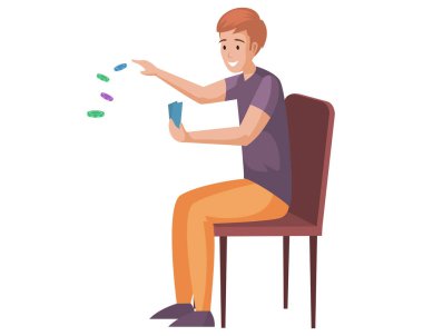 Ev aktivitesi ve eğlence, şans oyunu, kumar. Oyuncu oturuyor ve kartlarla oynuyor. Erkek karakter pokerle yalnız zaman geçirir. Oyun kartları olan bir adam oyun için strateji üretir.