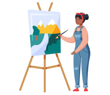 Suluboya manzara resmi yapan genç bir kadın, yaratıcı bir atölye. Sanat dersi hobisi sırasında Easel 'de tuvale resim çizen sanatçı kadın karakter. Resim okulunda yaratıcılık dersi, sanatsal tasarım kursu