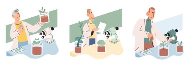 Bilim adamları laboratuvar mikroskobu kullanarak bitki türlerini inceliyor. Çevre koruma üzerine çevre dostu teknoloji araştırması. Ekolojik biyoloji laboratuvarında botanik okuyan ekolojist doğayla ilgileniyor.