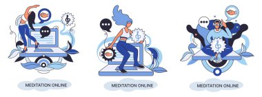 Meditasyon çevrimiçi metafor. Laptop dersleri, yoga çalışmaları, zihinsel egzersizler. Canlı yayın, internet eğitimi. Sağlık uygulaması barış zihniyetini geri getirir. Sağlıklı yaşam tarzı, temiz beyin ve yönetim