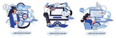 Meditation online. Classes laptop, practicing yoga, mental exercises metaphor. Live stream, internet education. Wellness practice restore peace of mind. Healthy lifestyle, clearing brain and managing