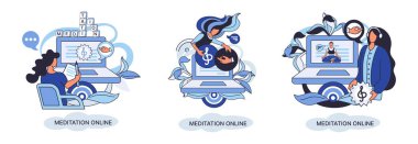 Meditation online. Classes laptop, practicing yoga, mental exercises metaphor. Live stream, internet education. Wellness practice restore peace of mind. Healthy lifestyle, clearing brain and managing