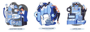 Capital gain, portfolio income, investment income. Investments and bonds, cash flow money slot, mutual fund, finance abstract metaphor. Money investing financiers analyzing stock market profit dollars