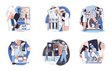 Tıbbi araştırma. Laboratuvar teşhis hizmetleri, tıbbi cihaz tasarım geliştirme sahneleri metaforu. Kimya kliniğindeki bilim adamları, mikrobiyoloji farmasötik araştırmaları. Aşı keşfi