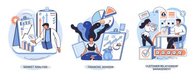 Market statistics analysis, financial advisor, customer relationship management business themes metaphor. Investment money, management planning for customer. Fiscal consultantation, client interaction