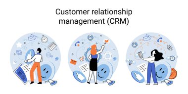CRM metaphor. Customer Relationship Management. Application software for organizations automatisation of customer interaction strategies to increase sales, optimize marketing, improve customer service