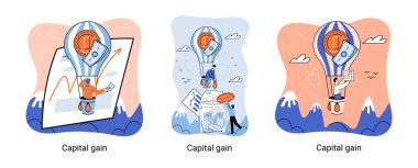 Sermaye kazancı, net gelir, parasal kazanç ve büyüyen grafik. Ekonomik büyüme, yatırım gelirleri. İş başarısının metaforu. Bir mal varlığının satın alma fiyatı ile satış fiyatı arasındaki fark