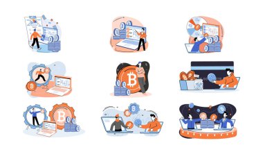 Kripto para birimi bitcoin madencilik metaforu Blockchain takas platformu. Siber bankacılık prosedürleri, bitcoin ticareti, cüzdan. Nakit işlemleri. Dijital para birimi, kripto para birimi pazarı, gizli madencilik