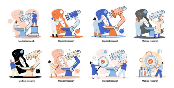 Tıbbi Araştırma Metaforu Laboratuvar Teşhis Hizmetleri Bilim Adamları Ekipman Mikroskop — Stok Vektör