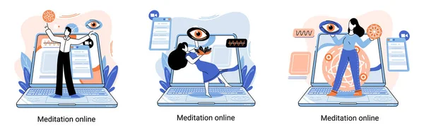 Méditation Métaphore Ligne Cours Sur Ordinateur Portable Pratique Yoga Exercices — Image vectorielle