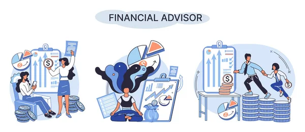 Financial Advisor Giving Advice Investment Money Market Analysis Management Planning —  Vetores de Stock