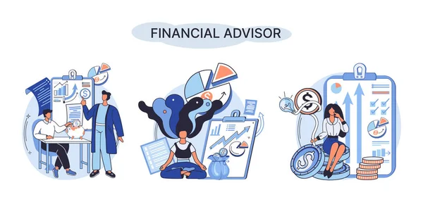 Financial Advisor Giving Advice Investment Money Market Analysis Management Planning — 스톡 벡터