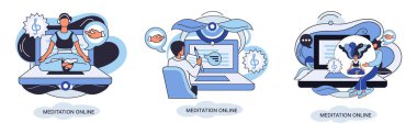 Meditation online. Classes laptop, practicing yoga, mental exercises metaphor. Live stream, internet education. Wellness practice restore peace of mind. Healthy lifestyle, clearing brain and managing