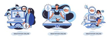 Meditasyon çevrimiçi metafor. Laptop dersleri, yoga çalışmaları, zihinsel egzersizler. Canlı yayın, internet eğitimi. Sağlık uygulaması barış zihniyetini geri getirir. Sağlıklı yaşam tarzı, temiz beyin ve yönetim