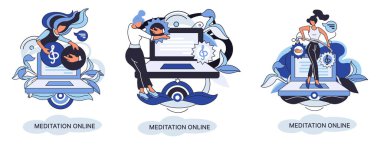 Meditasyon çevrimiçi metafor. Laptop dersleri, yoga çalışmaları, zihinsel egzersizler. Canlı yayın, internet eğitimi. Sağlık uygulaması barış zihniyetini geri getirir. Sağlıklı yaşam tarzı, temiz beyin ve yönetim