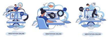Meditasyon çevrimiçi metafor. Laptop dersleri, yoga çalışmaları, zihinsel egzersizler. Canlı yayın, internet eğitimi. Sağlık uygulaması barış zihniyetini geri getirir. Sağlıklı yaşam tarzı, temiz beyin ve yönetim