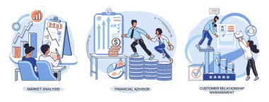 Market statistics analysis, financial advisor, customer relationship management business themes metaphor. Investment money, management planning for customer. Fiscal consultantation, client interaction